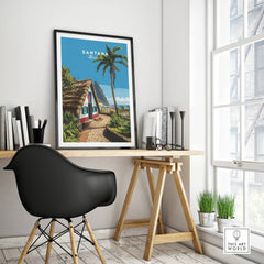 Framed Santana Madeira travel poster on modern office desk, minimalist home decor