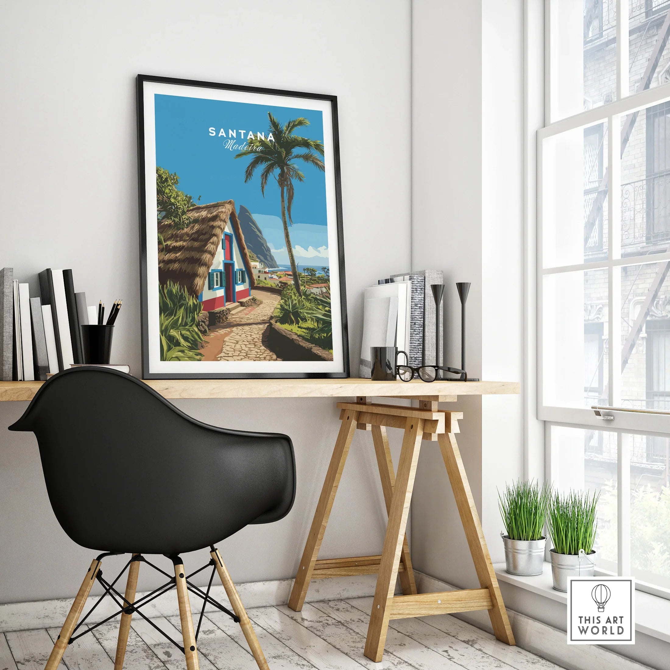 Framed Santana Madeira travel poster on modern office desk, minimalist home decor