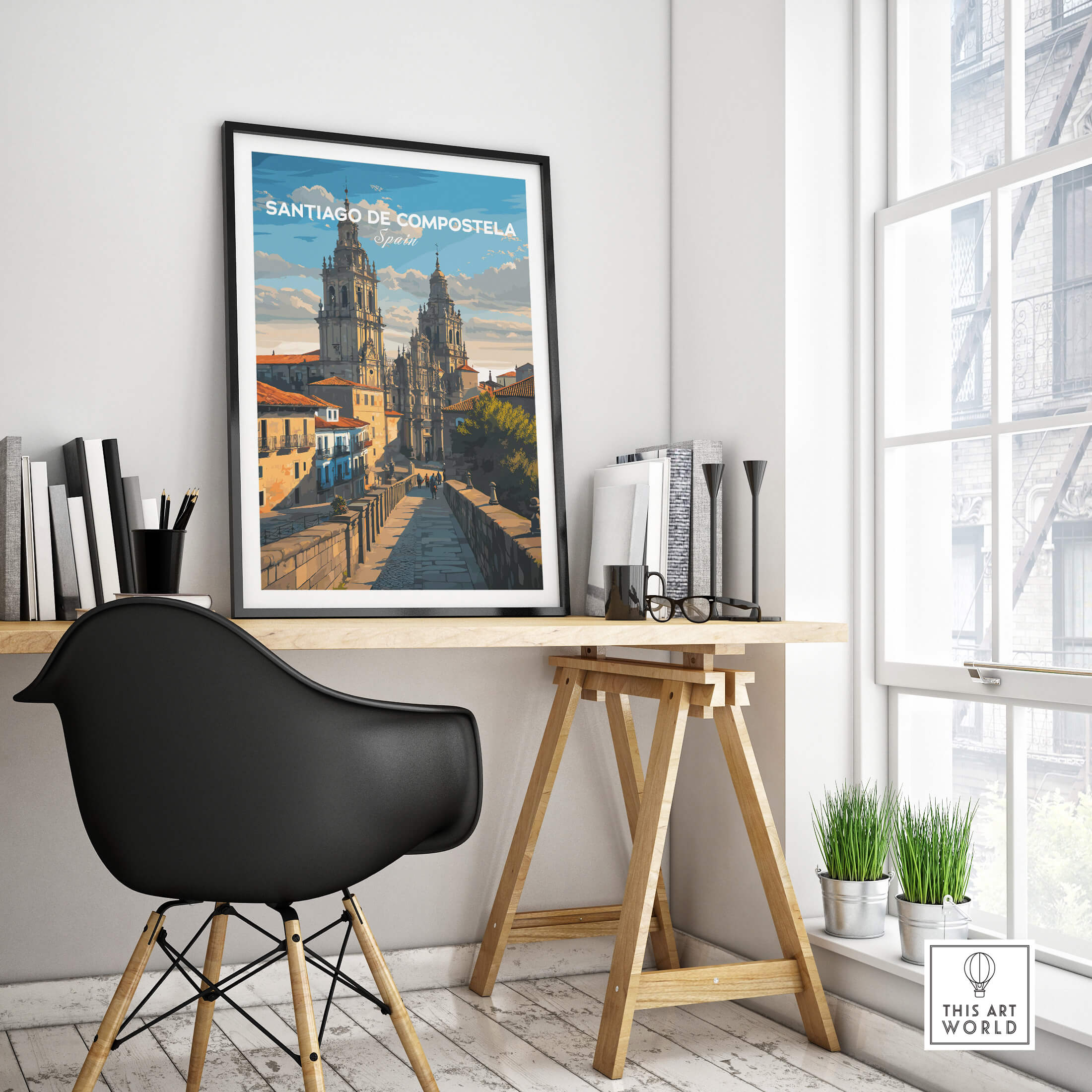 Santiago de Compostela Obradoiro Square View Print | Spanish Religious Art displayed in a stylish home office setting.