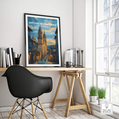 Santiago de Compostela Print | Galician Home Decor displayed in a modern workspace with a stylish chair and natural light.