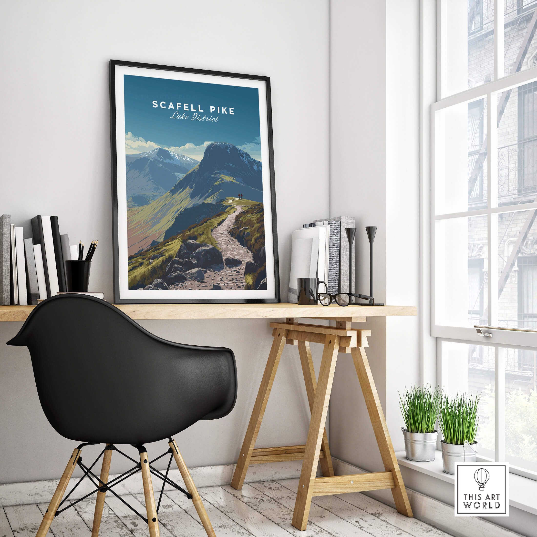 Scafell Pike Lake District Wall Art Print | English Mountain Peak Travel Poster displayed in a modern workspace.