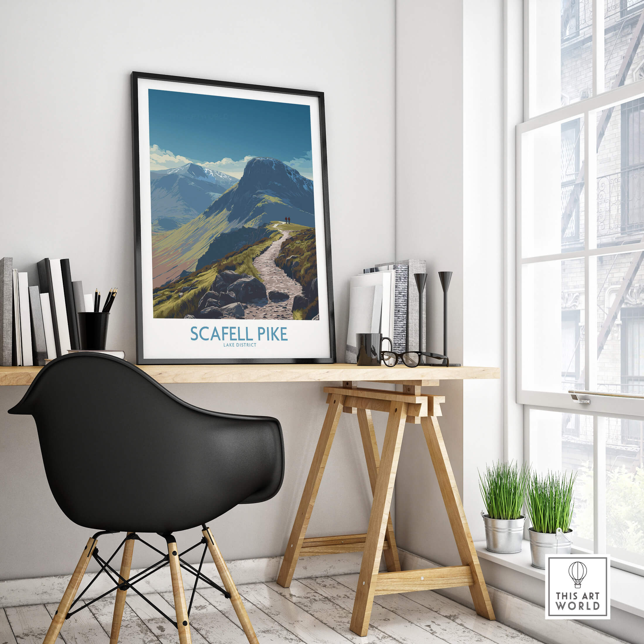 Scafell Pike Lake District Poster | Hiking Trail Landscape Canvas Print displayed in a modern interior setting.