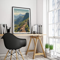 Scafell Pike Lake District Travel Poster | Mountain Valley View Wall Art Print featured in a modern home office setting.