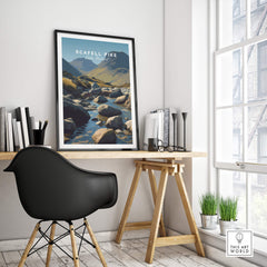 Scafell Pike Poster Lake District Wall Art Print displayed in a stylish home office setting with modern decor.