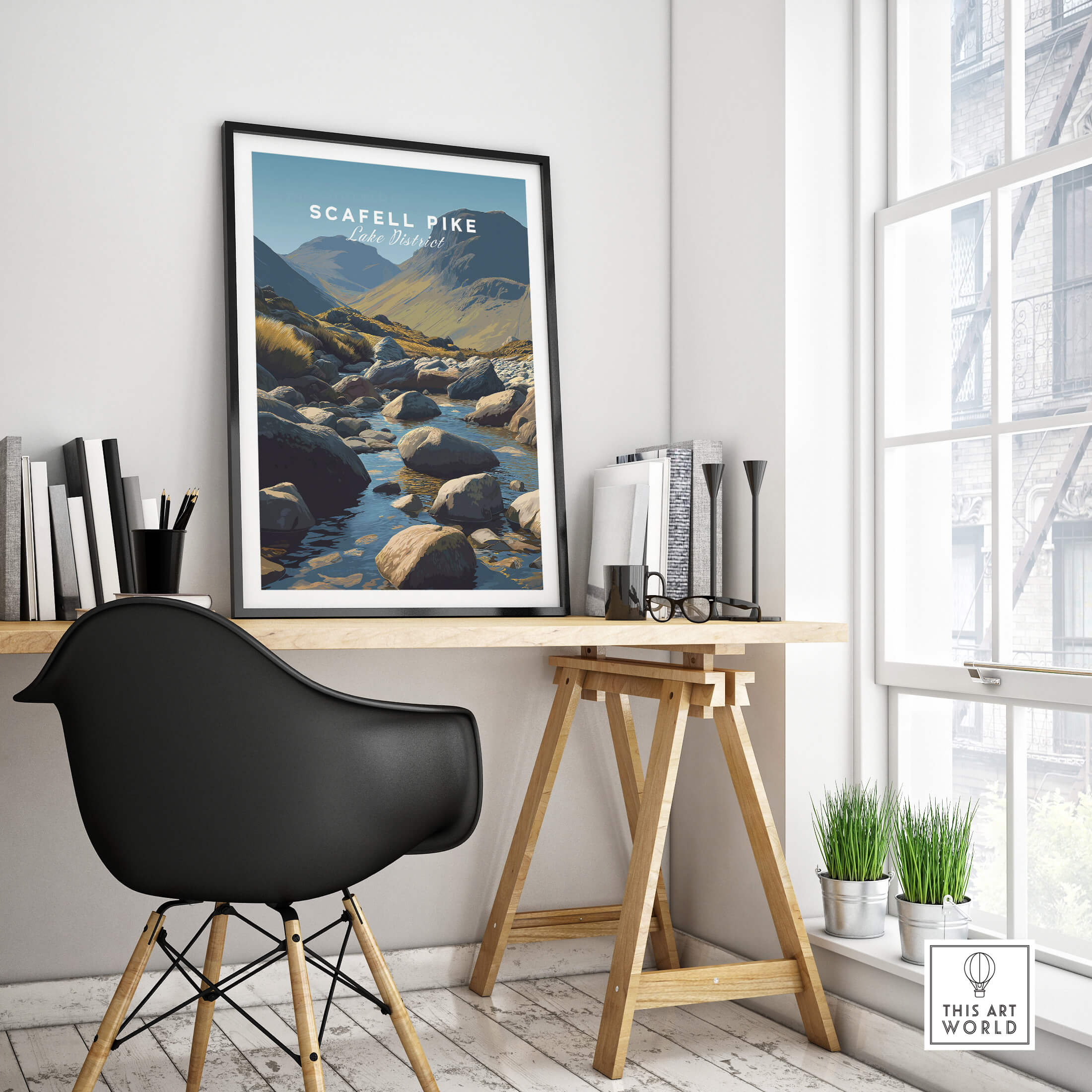 Scafell Pike Poster Lake District Wall Art Print displayed in a stylish home office setting with modern decor.