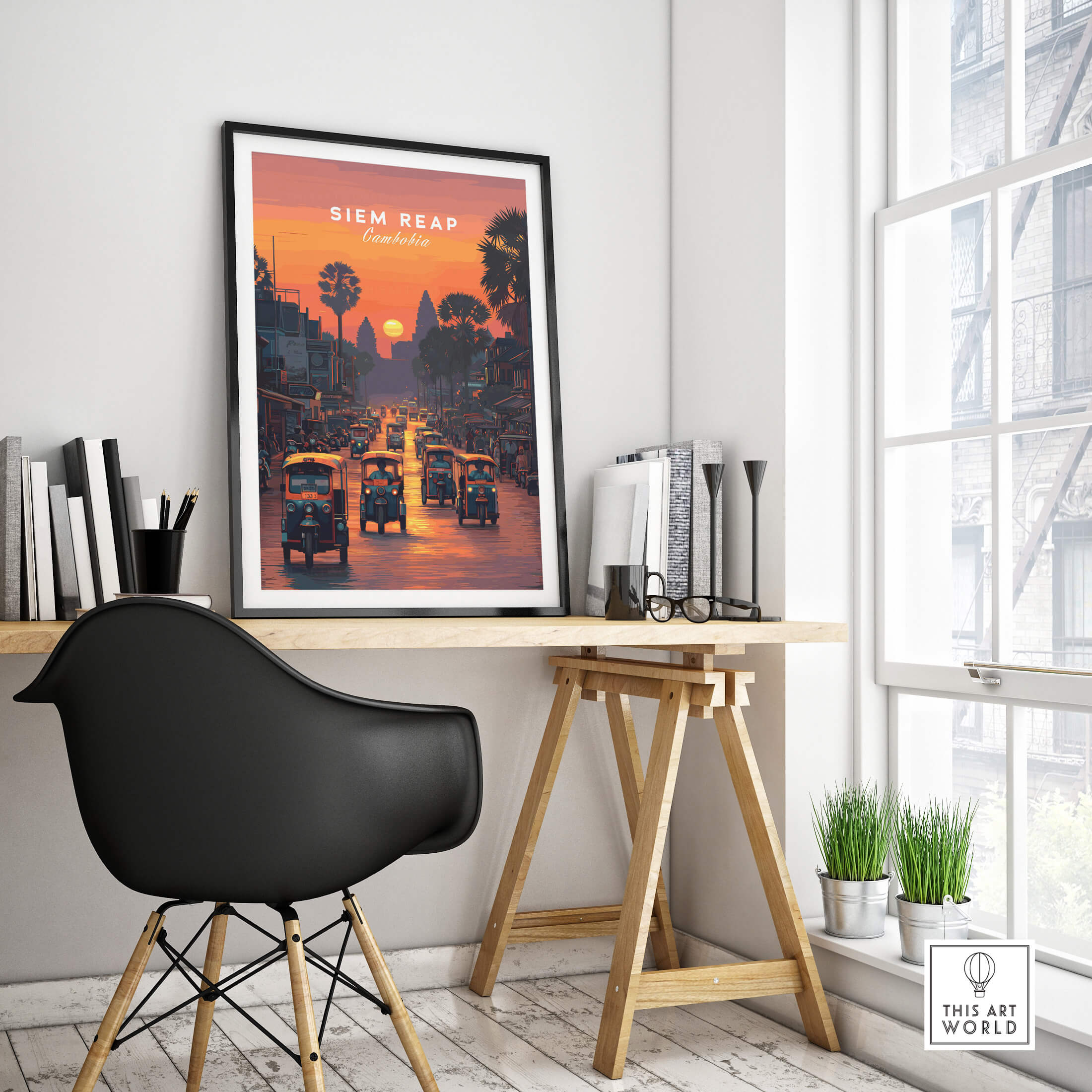 Siem Reap Wall Art Print | Cambodia Sunset Street Scene Travel Poster displayed in a modern interior setting.