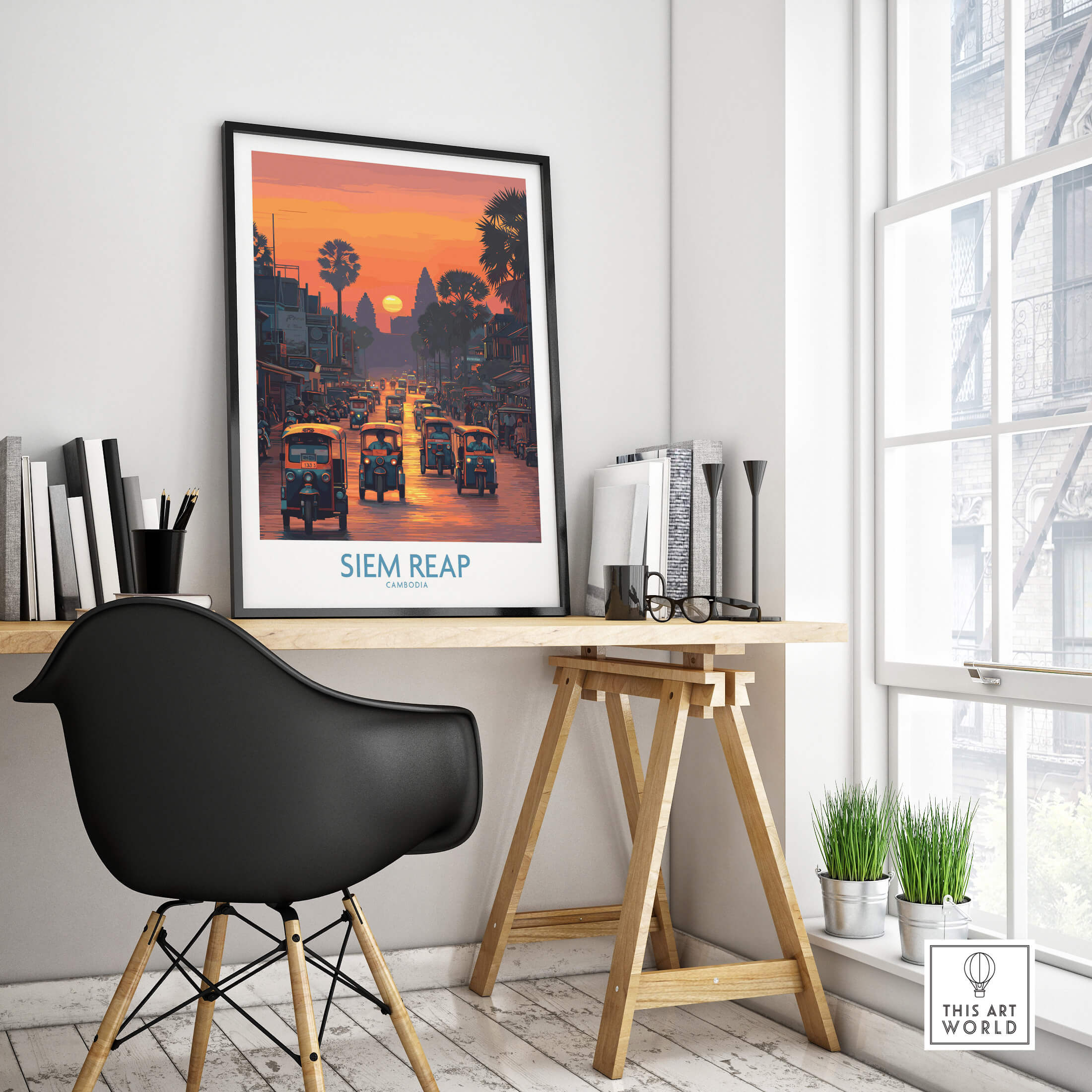 Siem Reap Poster | Bustling Tuk Tuk Cambodia Cityscape Canvas Print displayed in a modern workspace with vibrant colors.