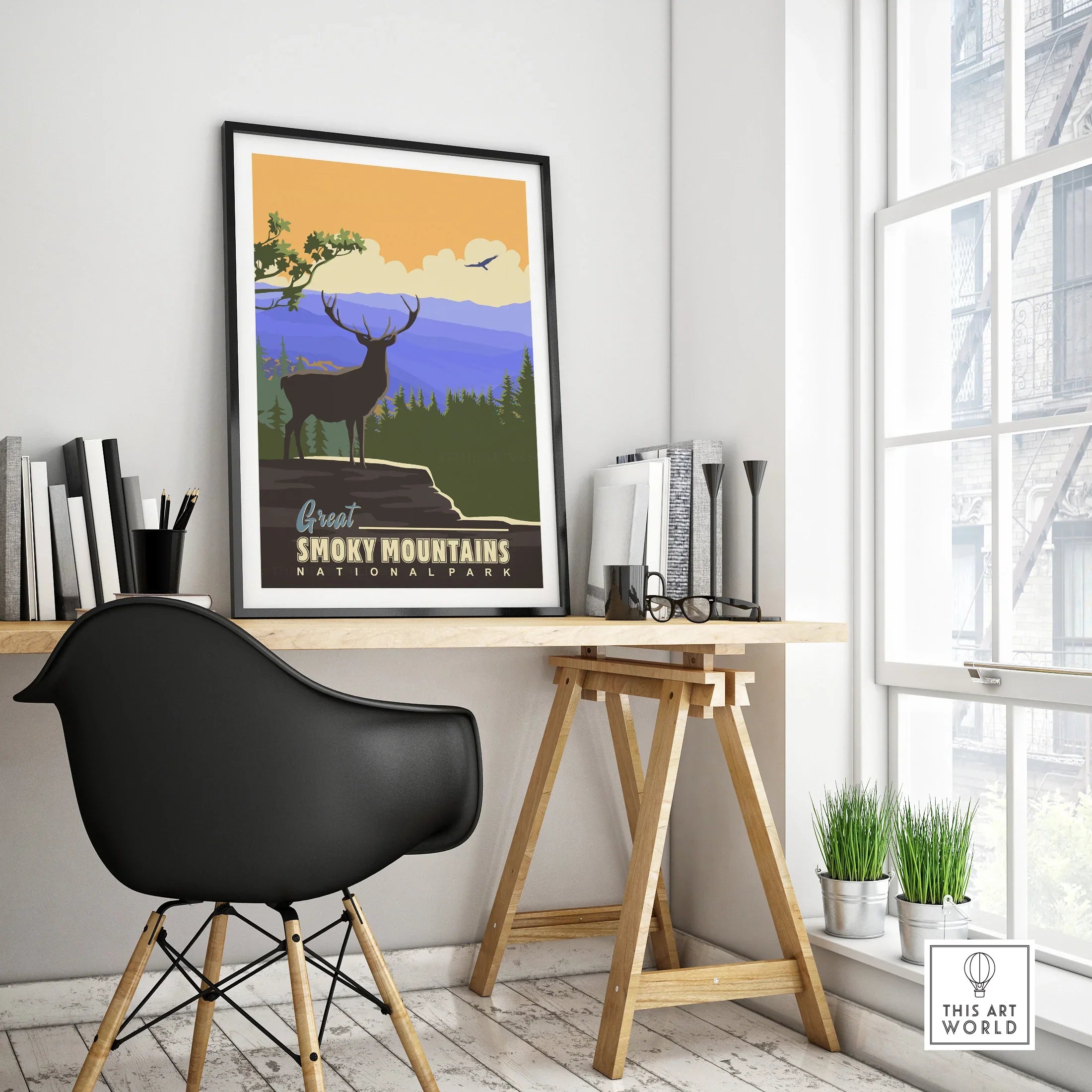 Great Smoky Mountains National Park travel poster with deer in black frame on modern office desk