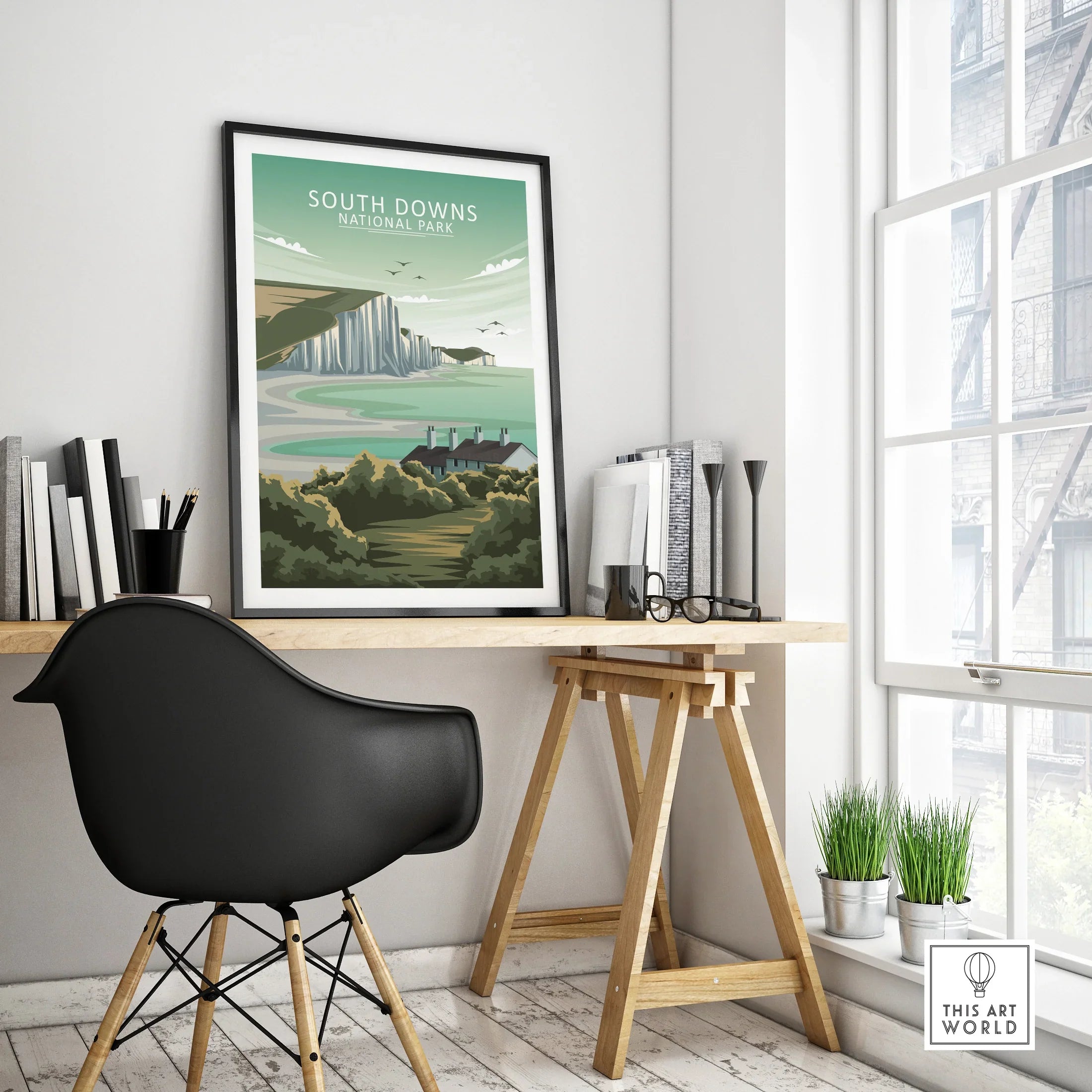 South Downs National Park framed poster on modern office desk, minimalist home decor