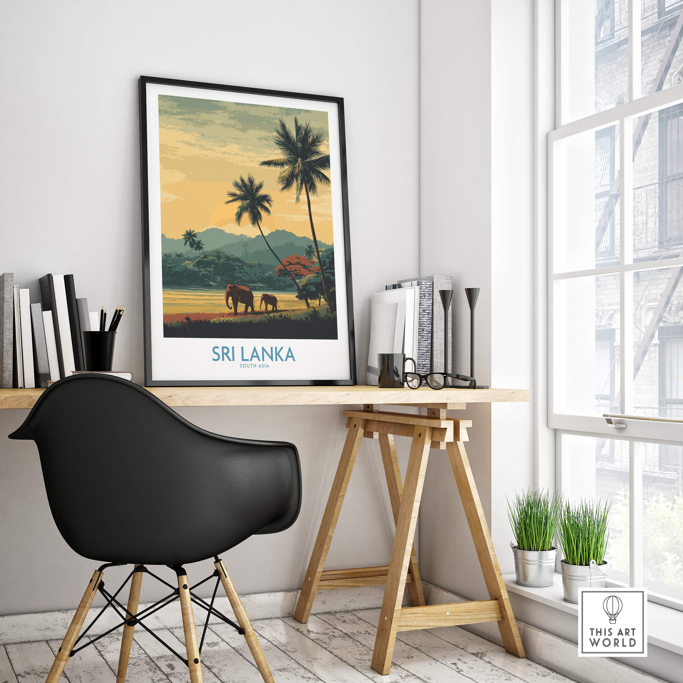 Sri Lanka Poster | Tropical Palm Tree & Elephant Canvas Print displayed in a modern workspace with a stylish chair and desk.