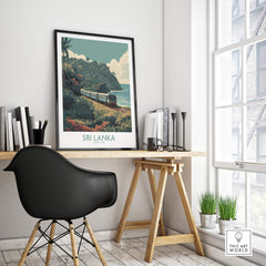 Sri Lanka Poster | Tropical Railway Canvas Print displayed in a stylish home office setting, showcasing lush tropical landscapes.