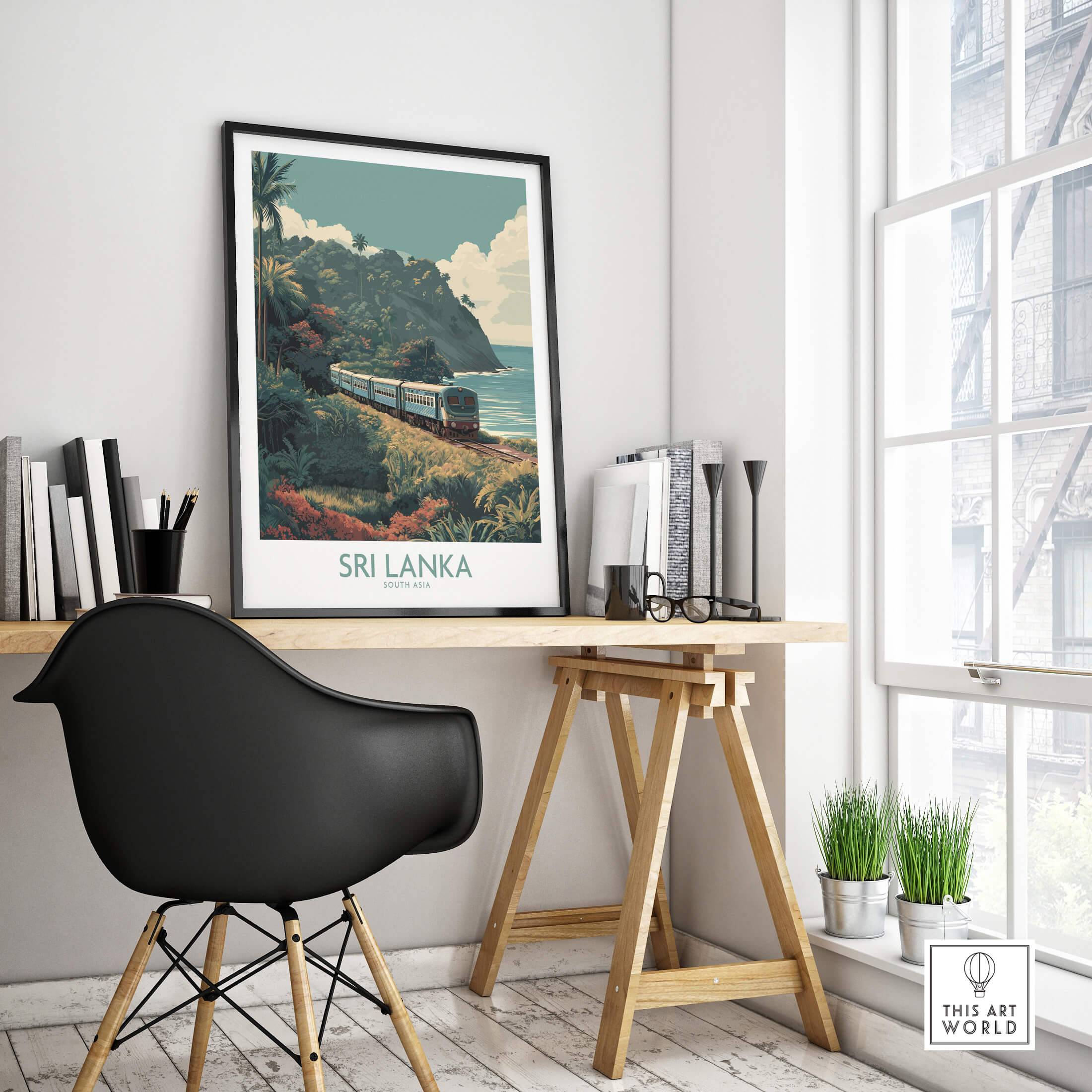 Sri Lanka Poster | Tropical Railway Canvas Print displayed in a stylish home office setting, showcasing lush tropical landscapes.