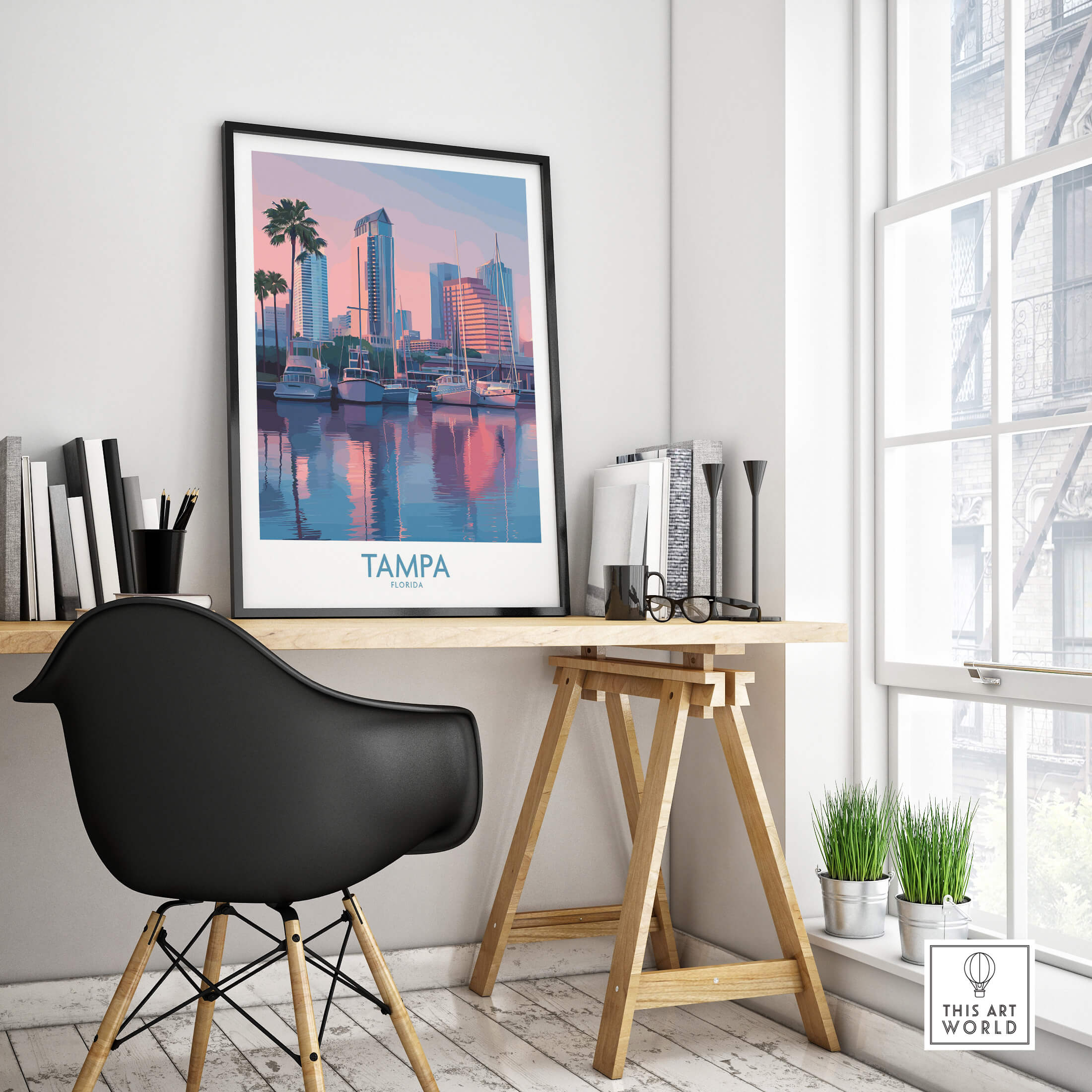 Tampa Florida Canvas Print | Sunset Bay & Sailboat Landscape Poster displayed in a modern workspace setting.
