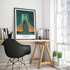 Tehran Iran Canvas Print | Iconic Persian Monument Cityscape Poster displayed in a modern workspace.