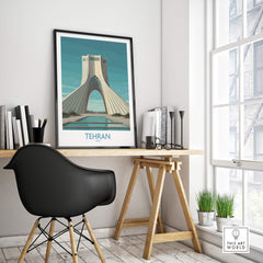Tehran Poster Iran | Azadi Tower Sunset Architecture Canvas Print displayed in a modern workspace with minimal decor.
