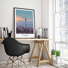 Tehran Iran Canvas Print | Evening City Landscape Poster displayed in a modern workspace, highlighting serene ambiance.