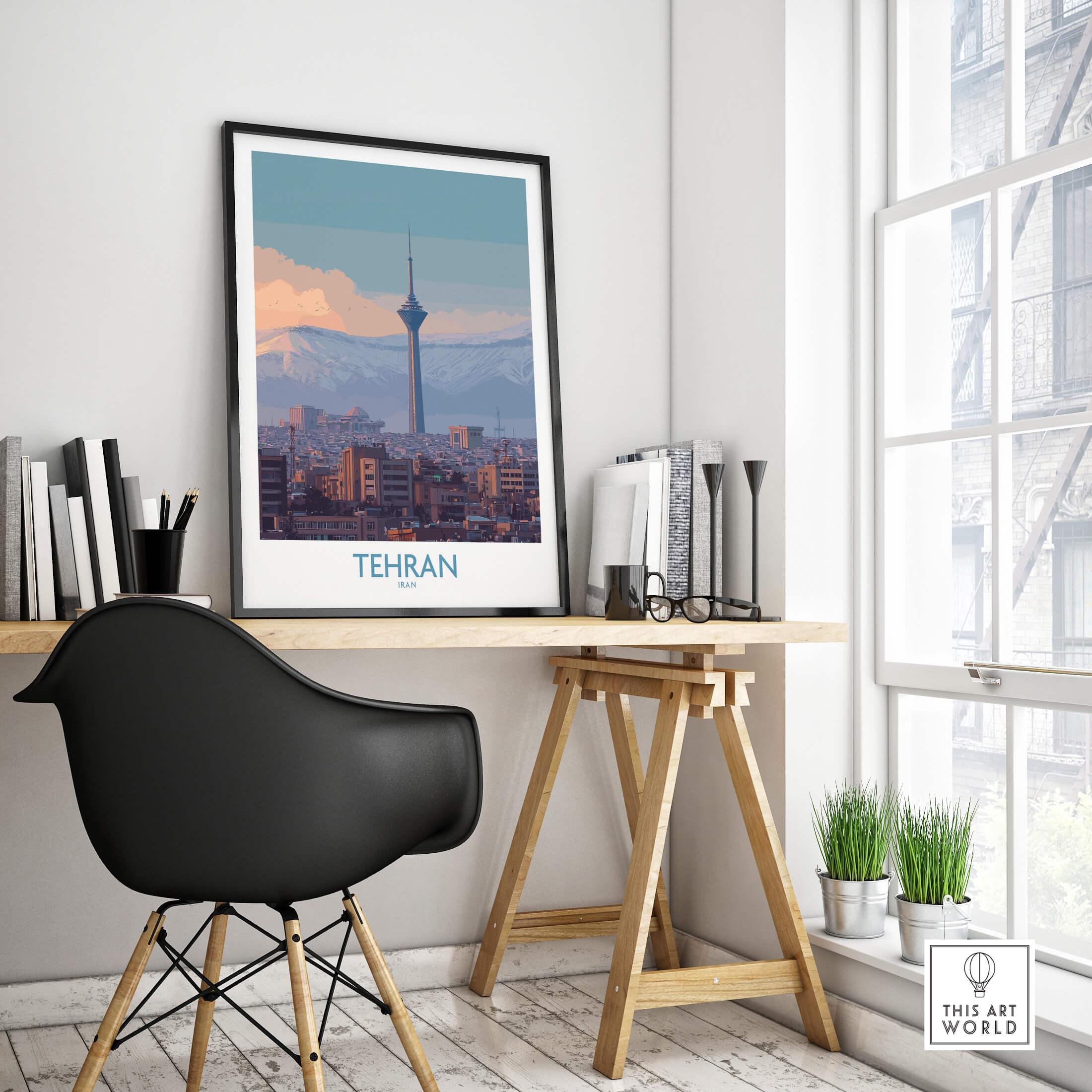 Tehran Iran Canvas Print | Evening City Landscape Poster displayed in a modern workspace, highlighting serene ambiance.