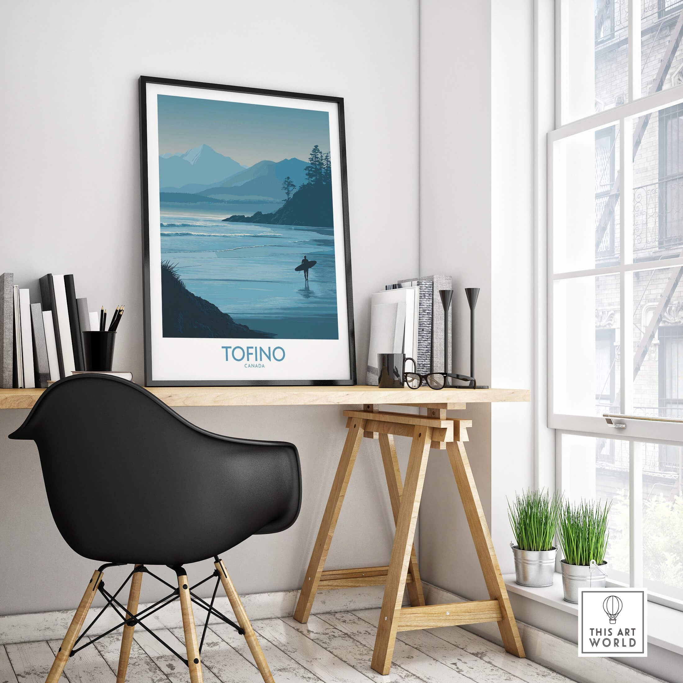 Tofino Canada Canvas Print | Misty Mountain & Shoreline Poster displayed in a modern workspace decor.