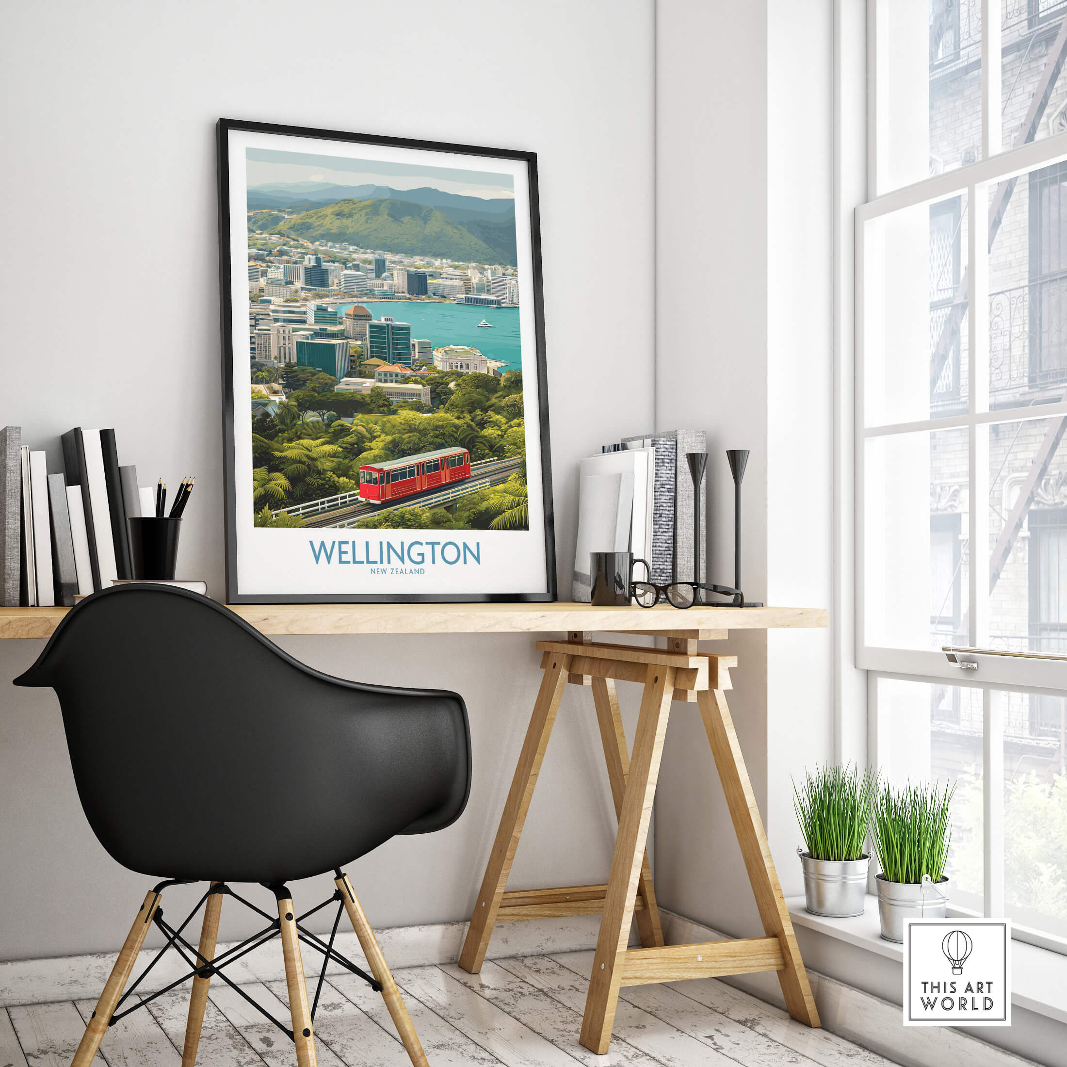 Wellington New Zealand Poster | Scenic City Skyline Landscape Canvas Print displayed in a modern office setting.