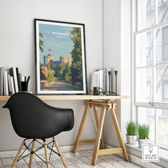 Windsor England travel poster in black frame on modern office desk near window