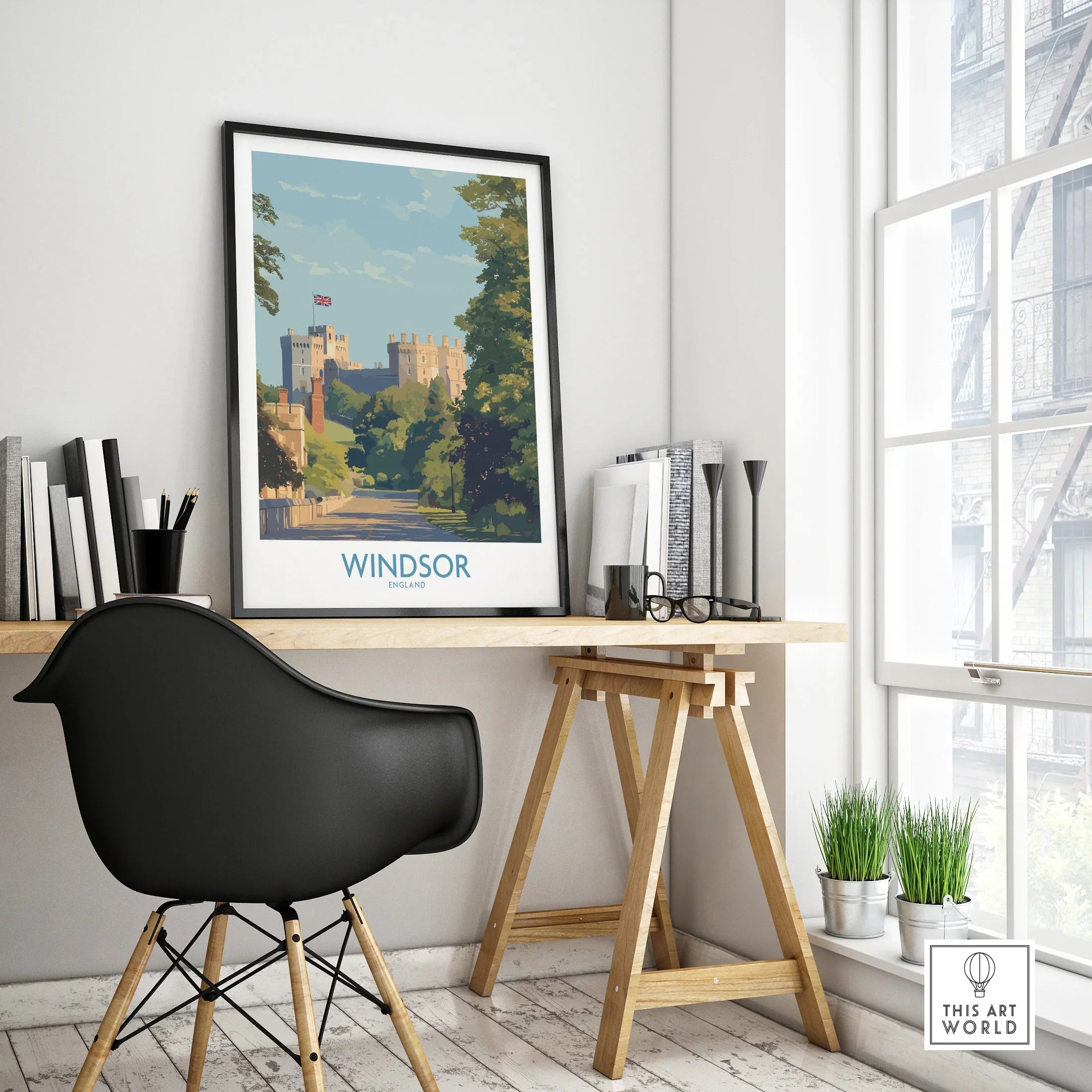 Windsor travel poster in black frame on modern office desk, city wall art decor