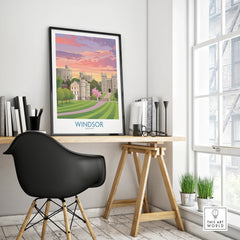 Framed Windsor travel poster on modern office desk with chair and window