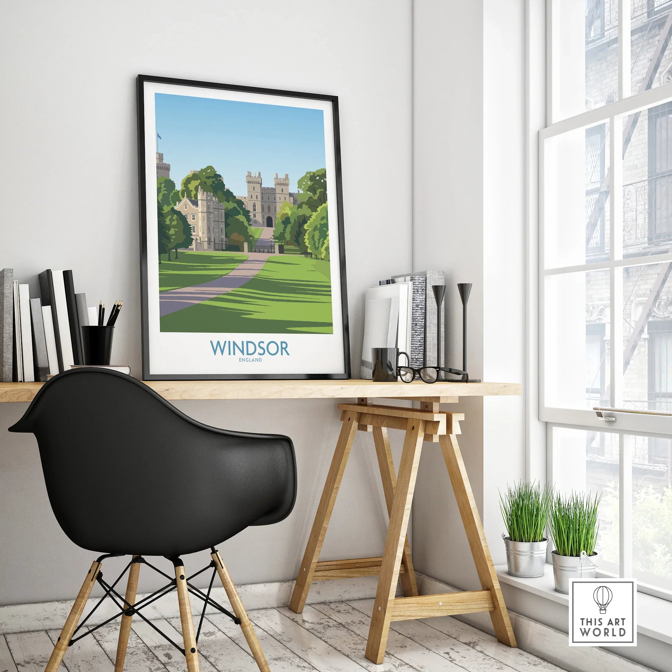 Windsor travel poster in black frame on modern office desk, minimalist decor, city wall art