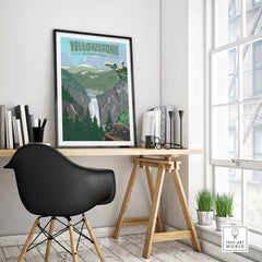 Yellowstone National Park travel poster in black frame on modern office desk