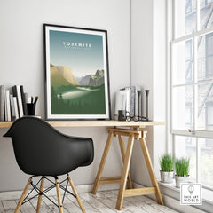 Framed Yosemite National Park travel poster on modern office desk, minimalist home decor
