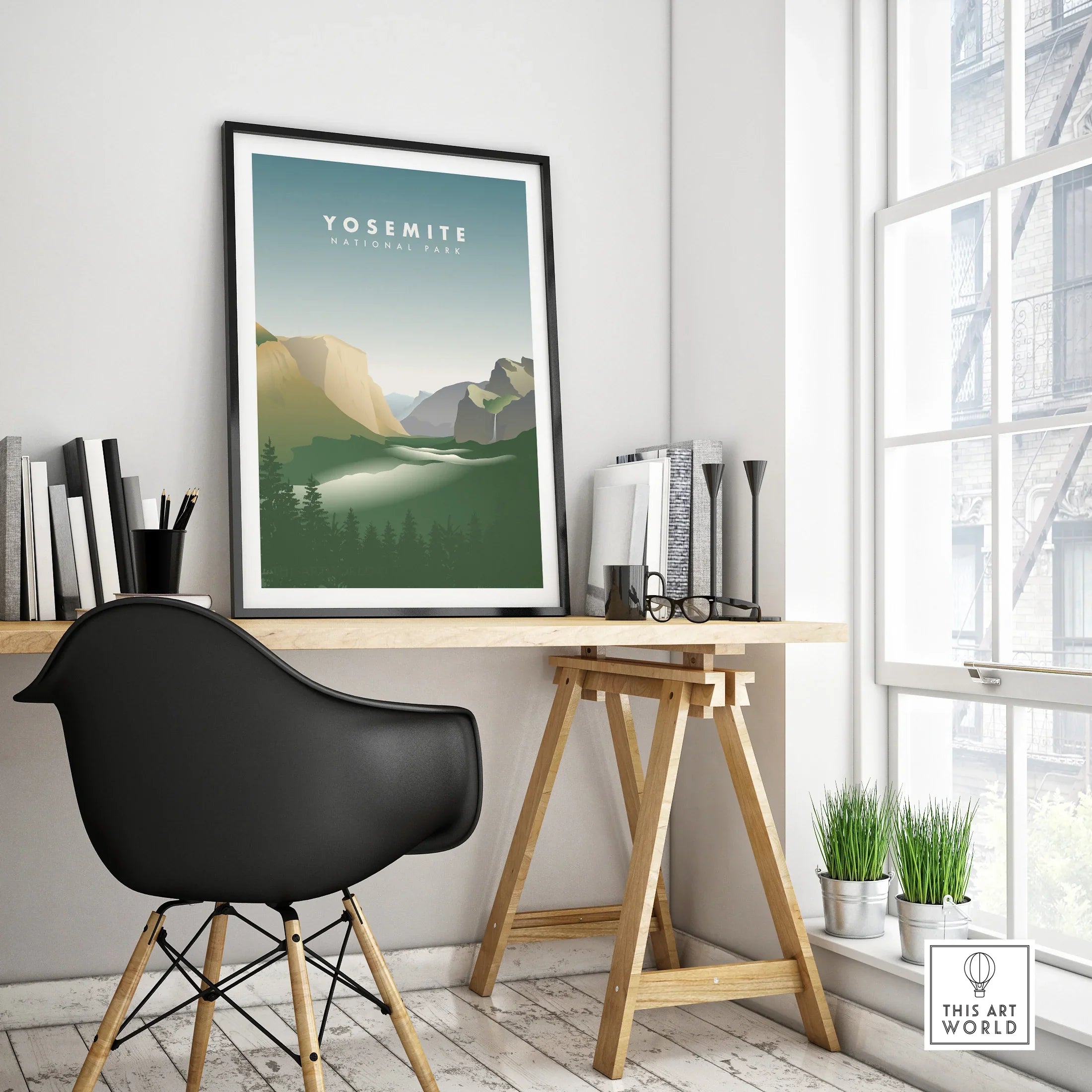 Framed Yosemite National Park travel poster on modern office desk, minimalist home decor