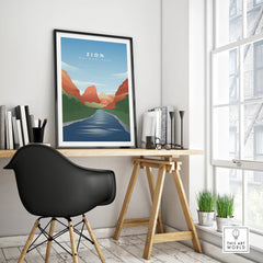 Framed Zion National Park travel poster on modern office desk with chair and decor