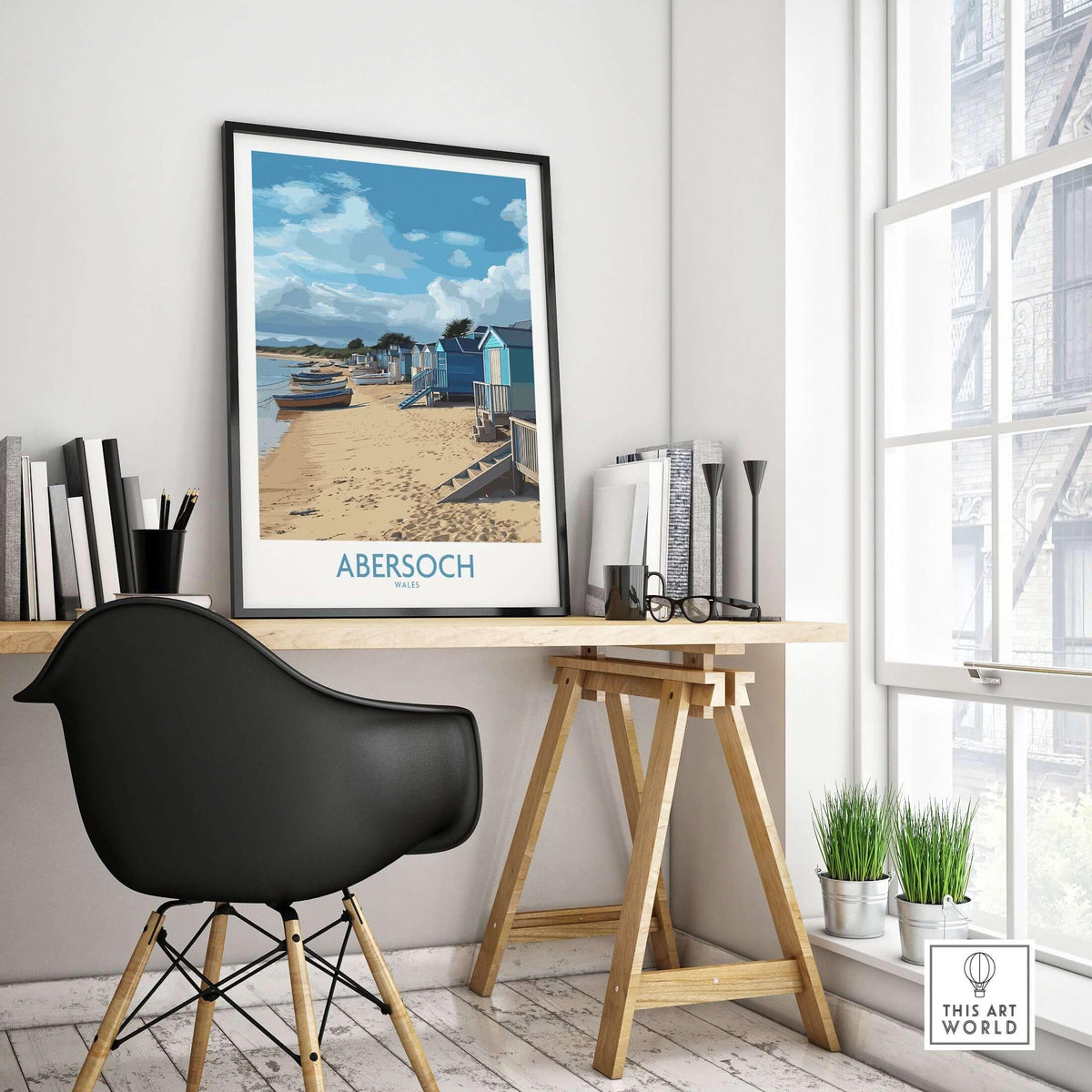 Abersoch Wales Beach Huts Art Print | Coastal Boats Wall Decor Poster showcased in a cozy home office.
