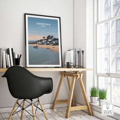 Abersoch Llyn Peninsula Shoreline View Canvas Print | Welsh Seaside Travel Poster displayed in a stylish home office.