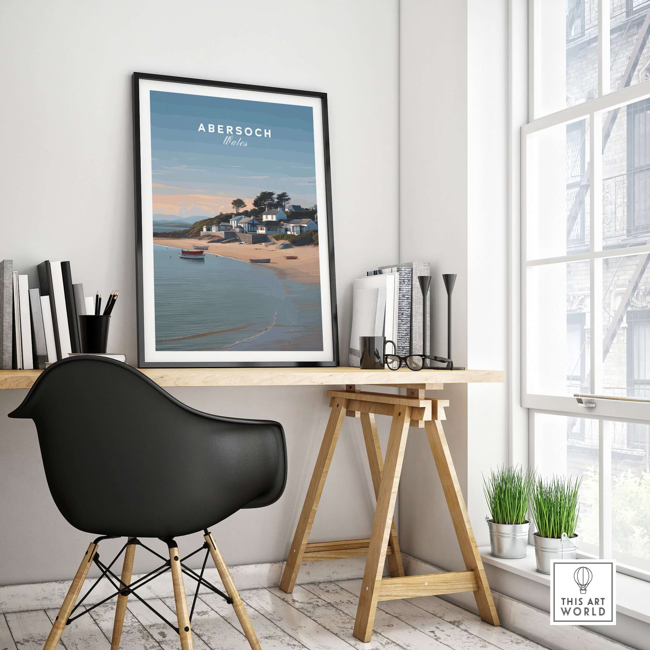 Abersoch Llyn Peninsula Shoreline View Canvas Print | Welsh Seaside Travel Poster displayed in a stylish home office.