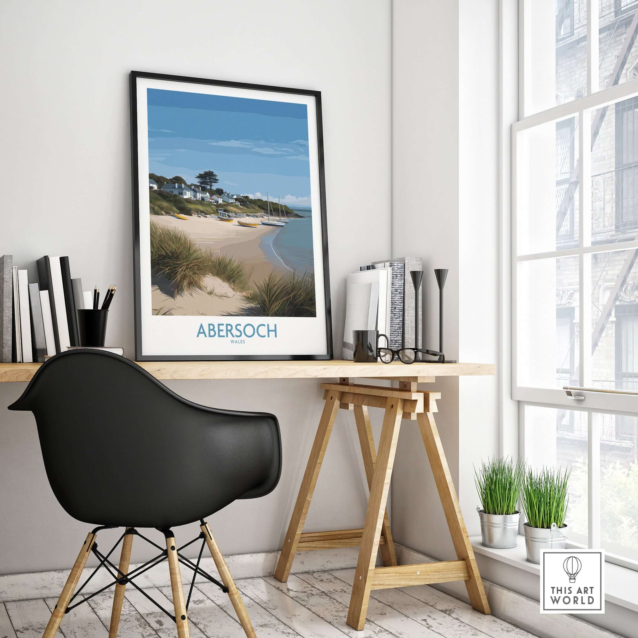 Abersoch Wales Sand Dunes Beach Art Print | Sailboats Coastal Wall Decor displayed in a stylish interior setting.