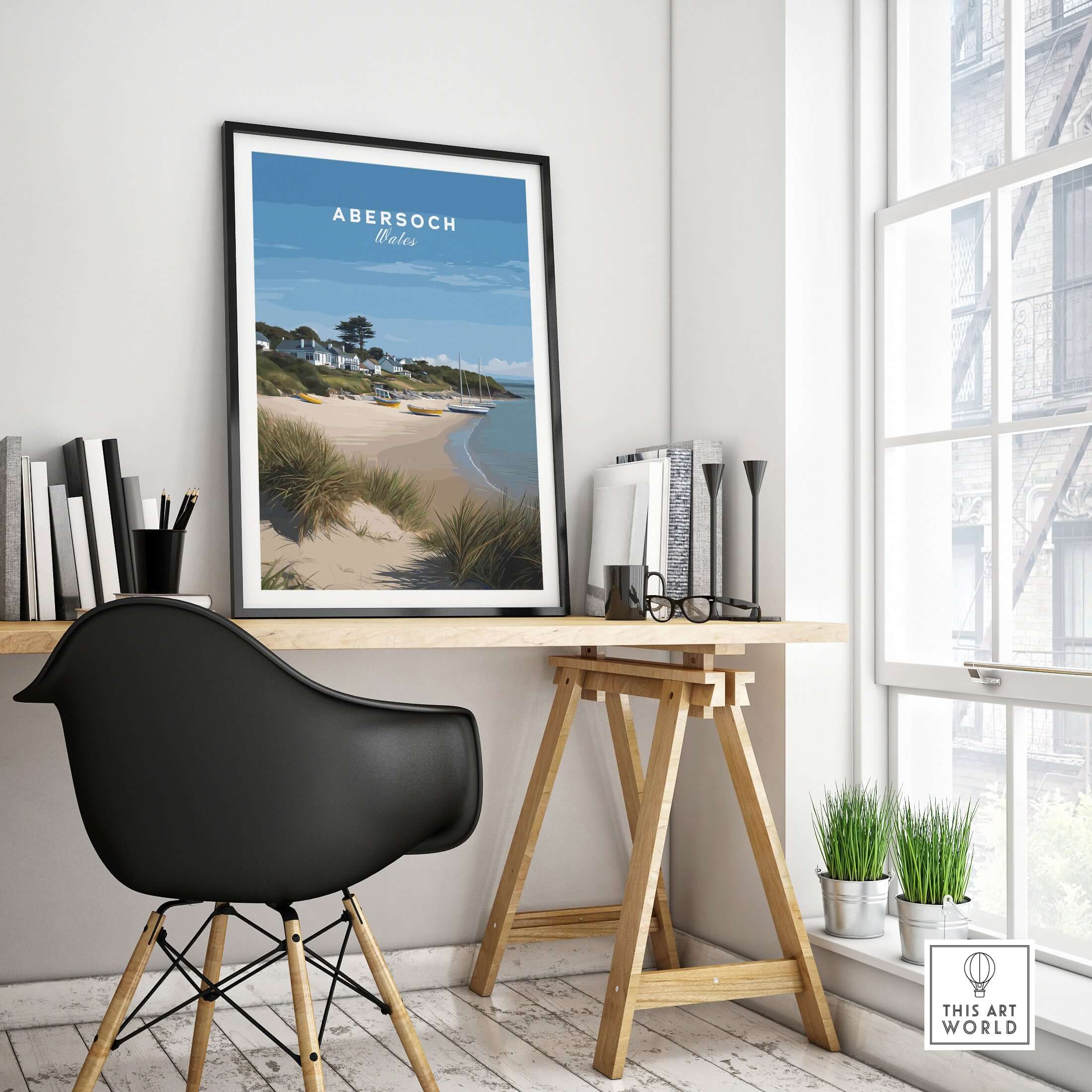 Abersoch Llyn Peninsula Boating Scene Canvas Print | Welsh Seaside Home Decor displayed in a modern office.