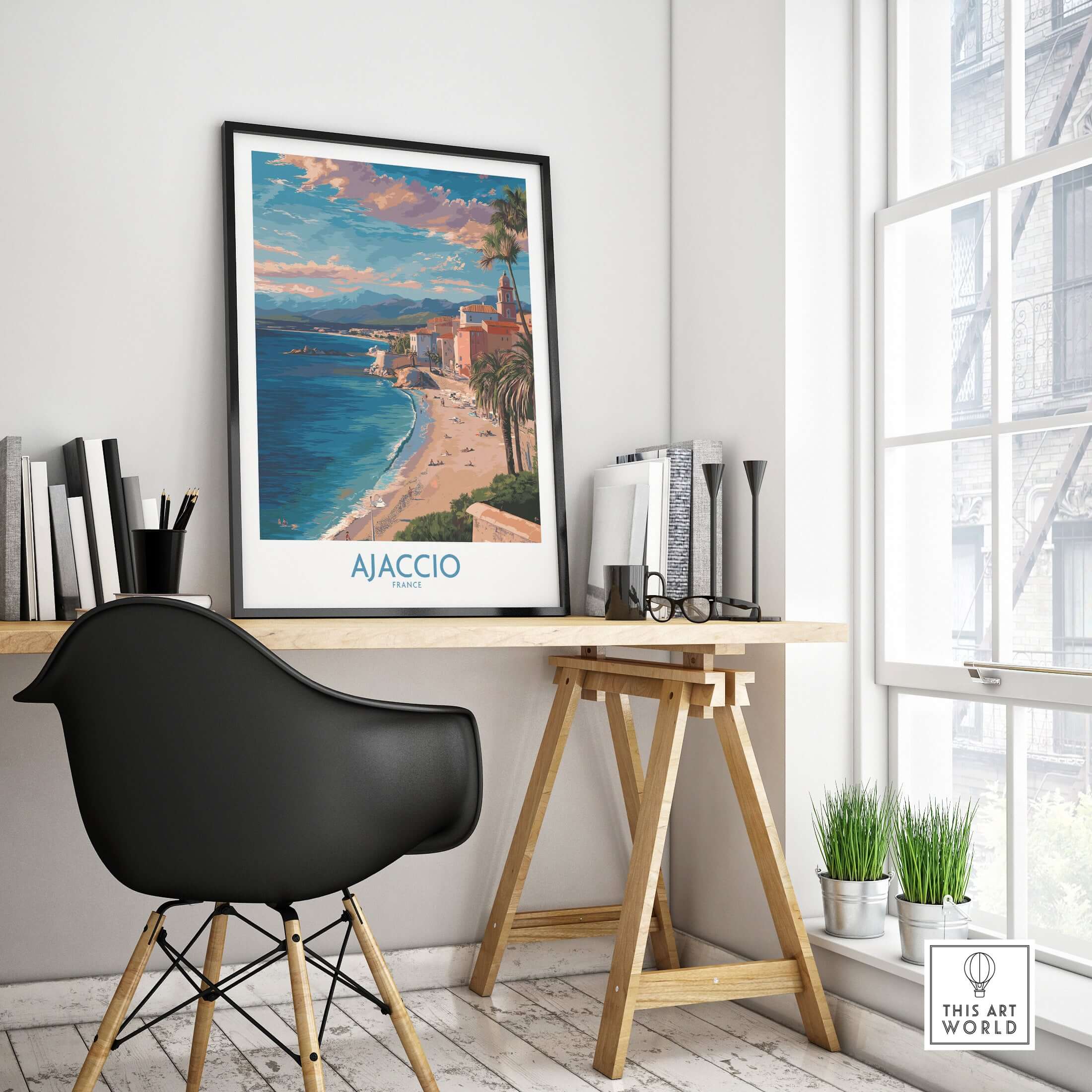 Ajaccio France Coastal Beach Art Print | Corsica Sunset City Poster displayed in a modern workspace with a stylish chair.