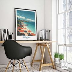 Albania Art Print | Beach Poster displayed in a modern workspace with coastal decor.