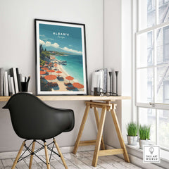 Albania Canvas Print | Balkan Travel Wall Decor displayed in a modern office setting with a coastal view.