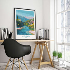 Albania Historic Stone Bridge Art Print | Mountain River Landscape Poster displayed in a modern home office setting.