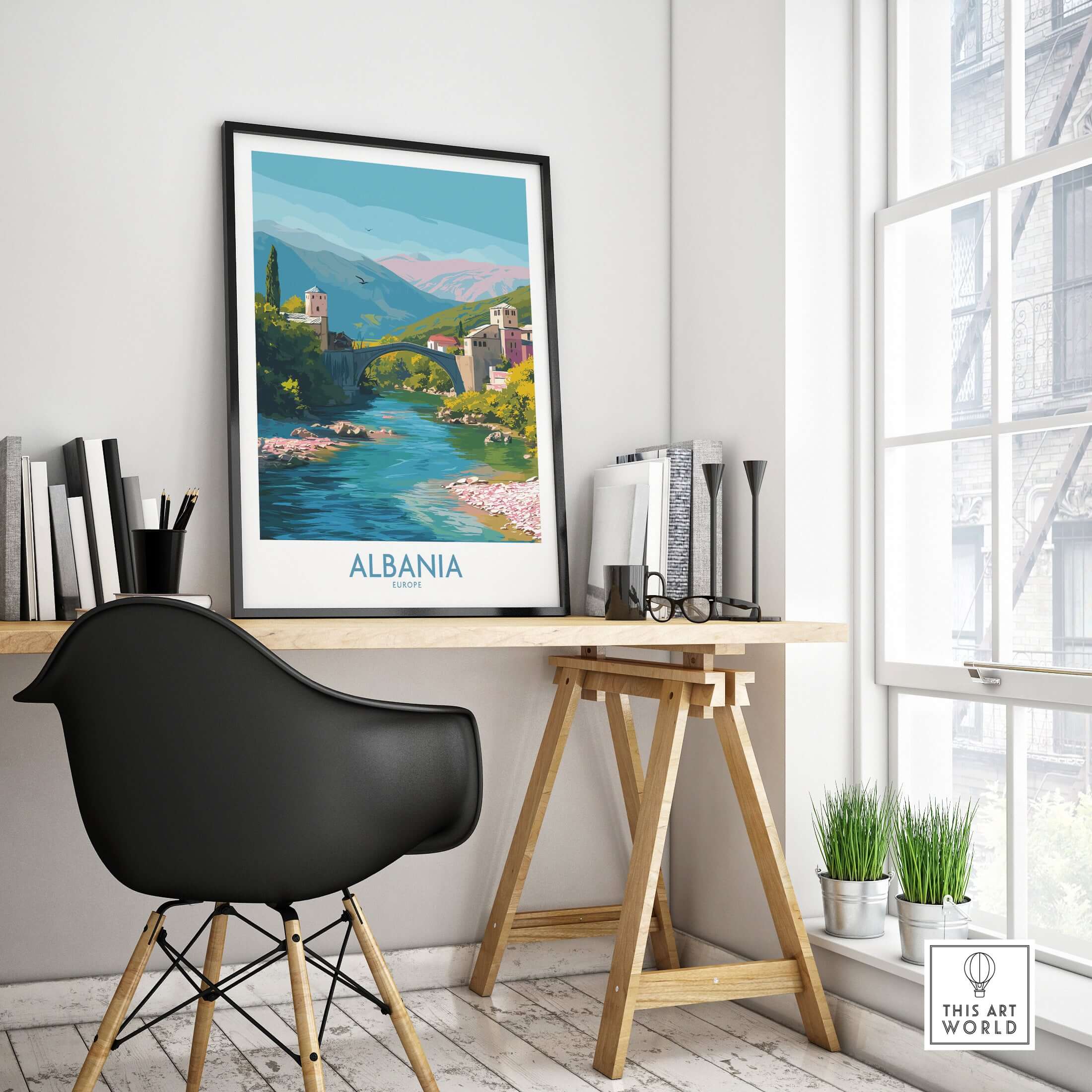 Albania Historic Stone Bridge Art Print | Mountain River Landscape Poster displayed in a modern home office setting.