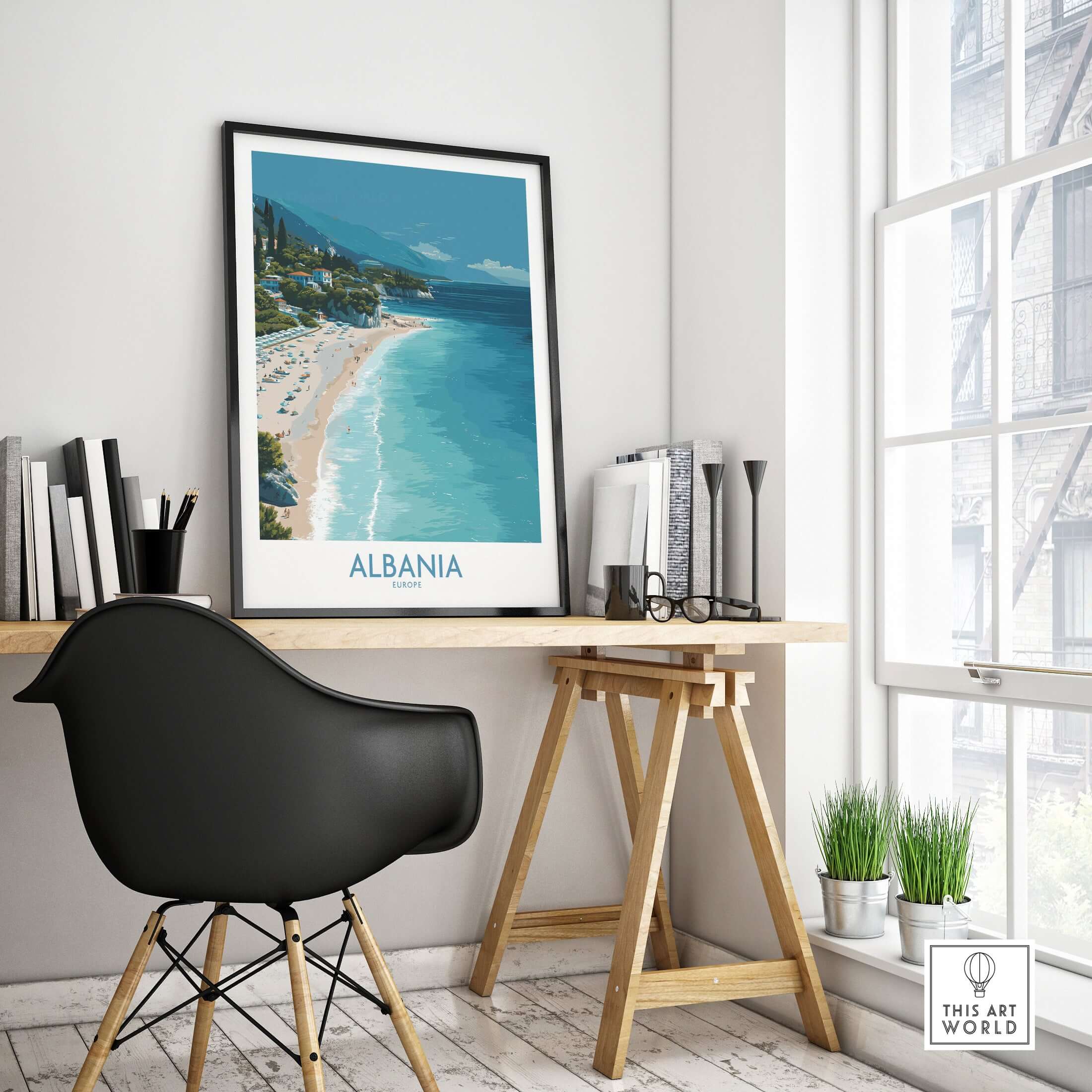 Albania Art Print | Turquoise Water Coastal Wall Decor showcased in a modern home office interior.