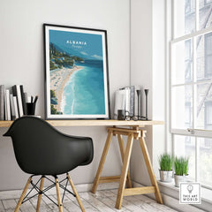 Albania Canvas Print | Balkan Travel Poster displayed in a stylish workspace with a modern chair and decor.