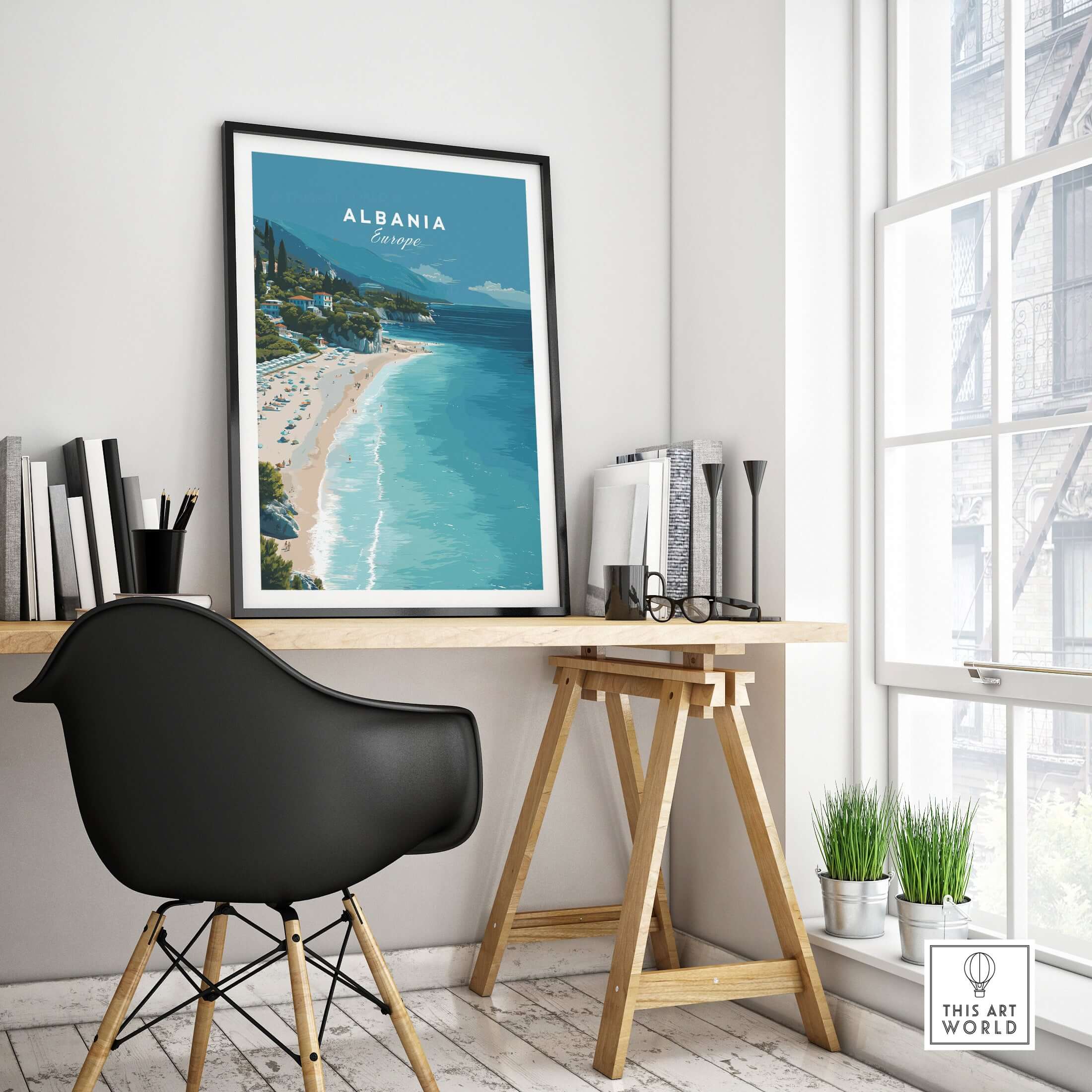 Albania Canvas Print | Balkan Travel Poster displayed in a stylish workspace with a modern chair and decor.