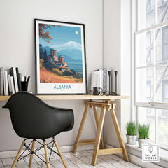 Albania Snow Mountain Church Art Print | Historic Monastery Landscape Poster displayed in a modern home office setting.