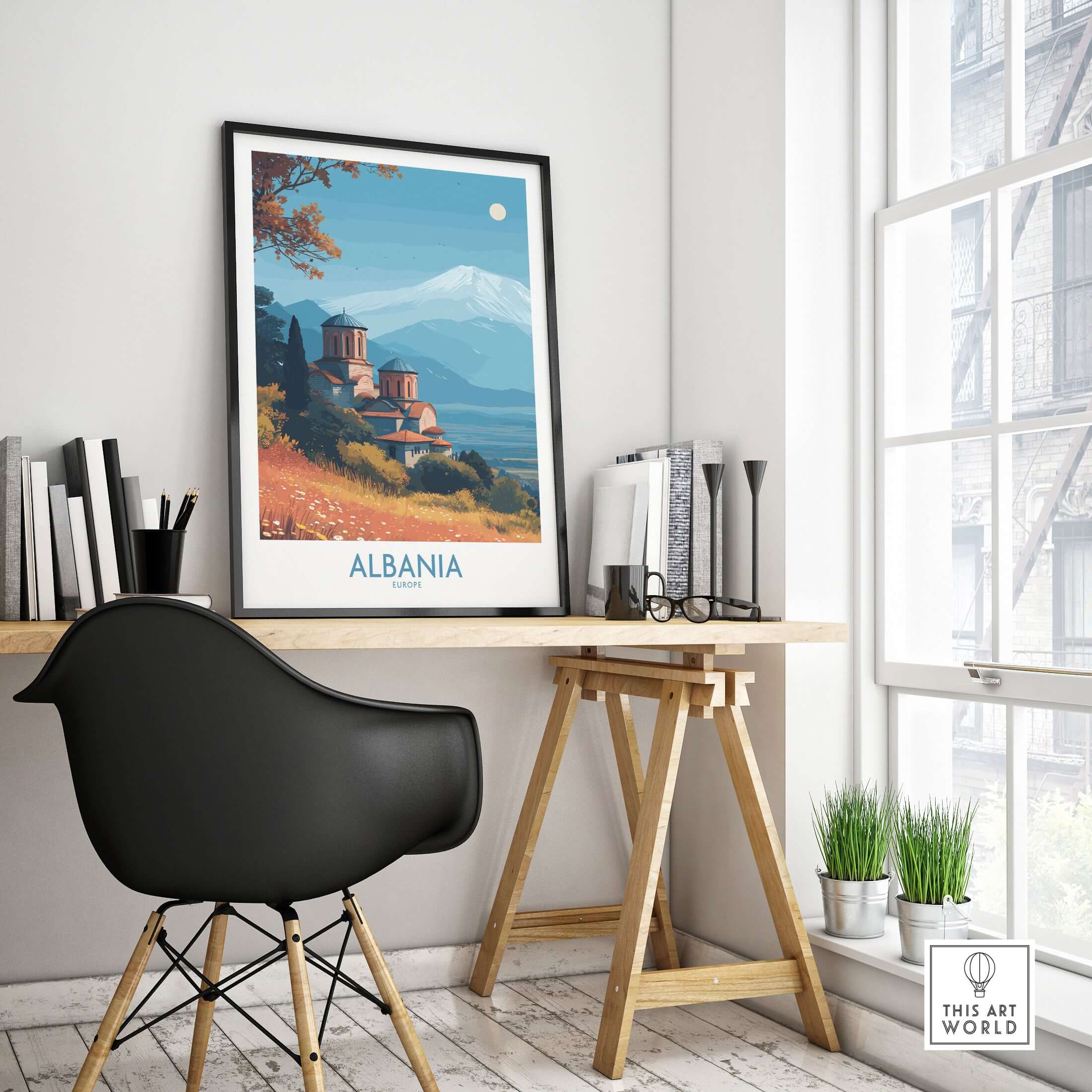 Albania Snow Mountain Church Art Print | Historic Monastery Landscape Poster displayed in a modern home office setting.