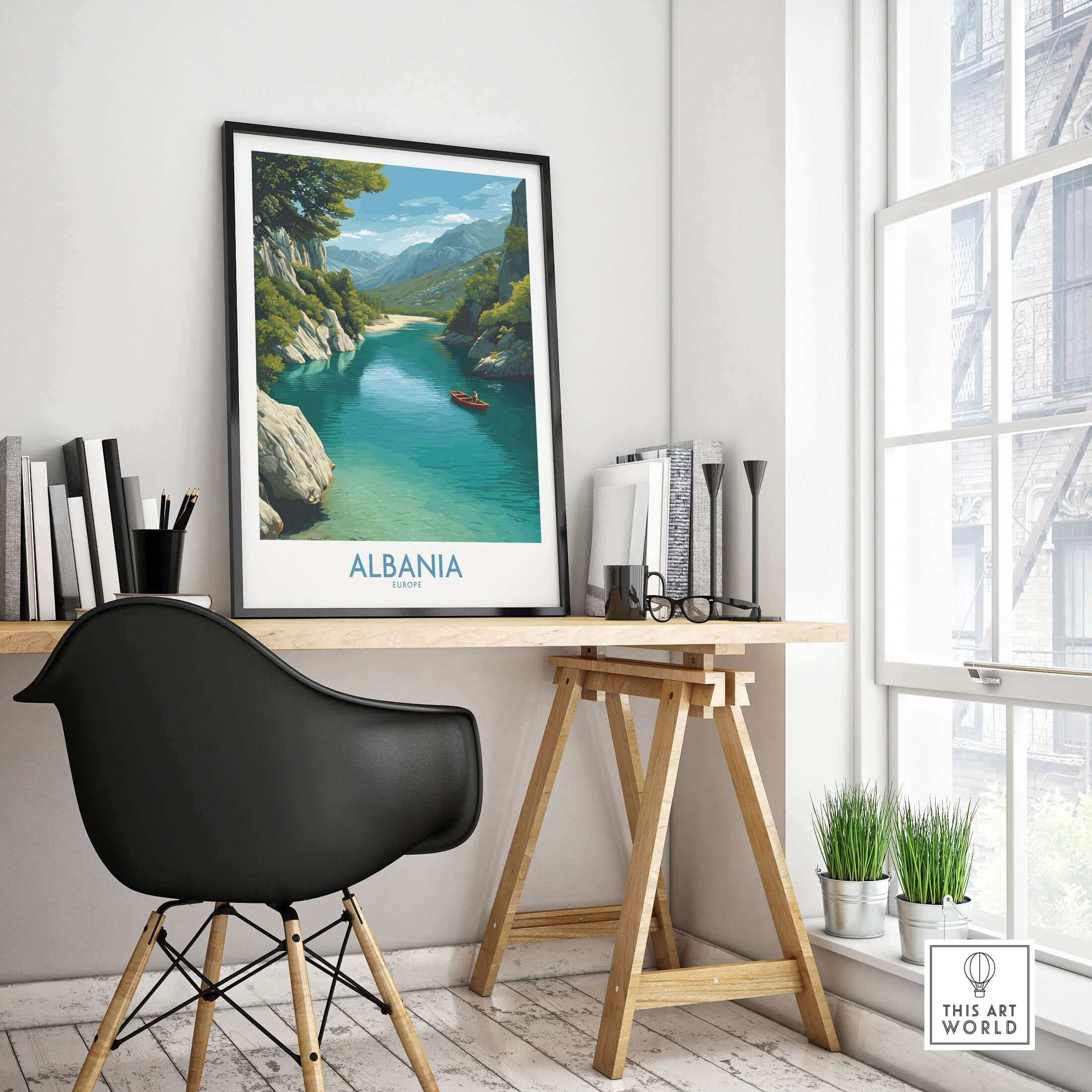 Albania Canvas Print | Framed and Unframed Travel Wall Decor showcasing a serene landscape with mountains and a river.