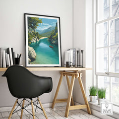 Albania Canvas Art Print featuring stunning mountain landscapes and serene waters in a modern home office decor setting.