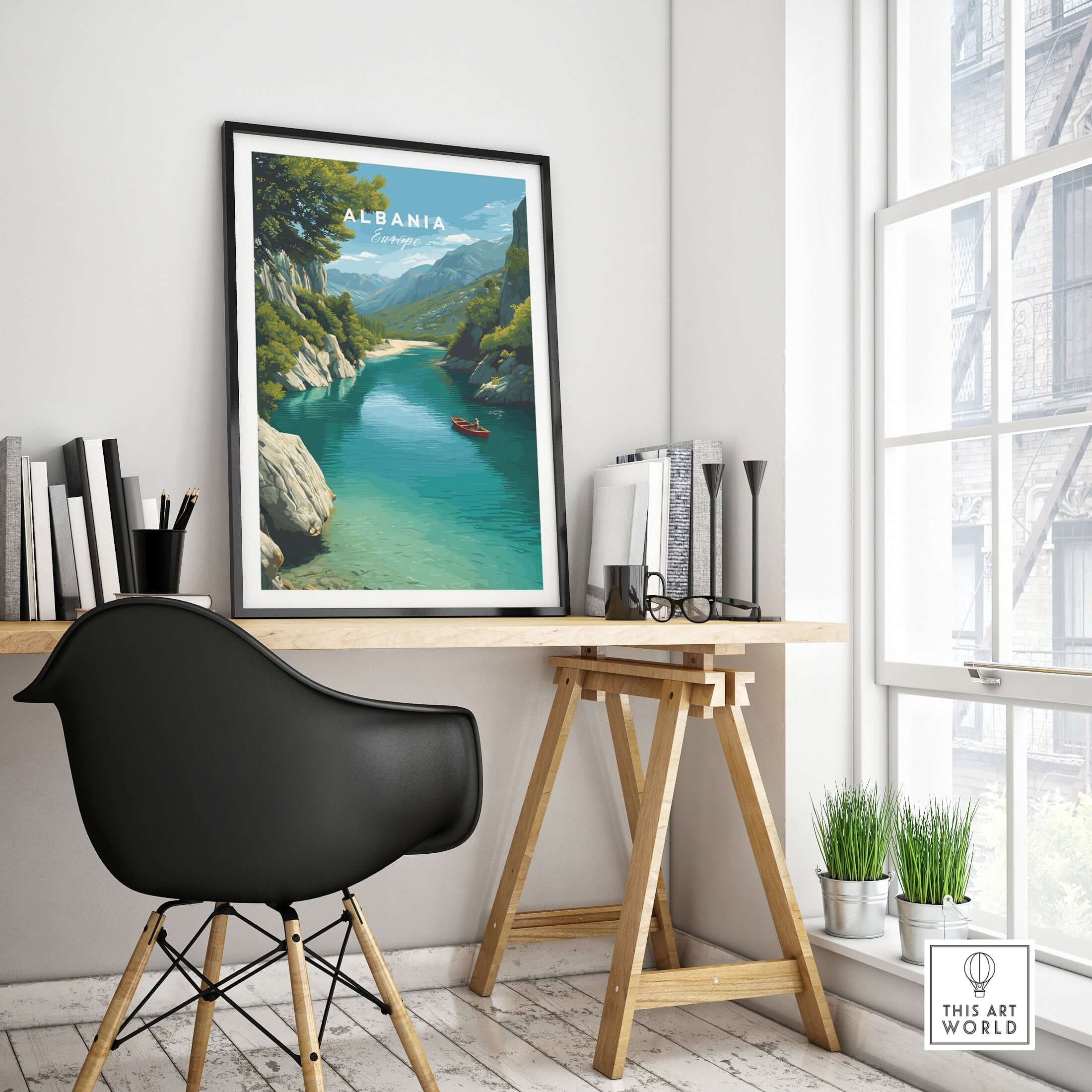 Albania Canvas Art Print featuring stunning mountain landscapes and serene waters in a modern home office decor setting.