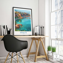 Antalya Turkey Old Harbor Art Print | Mediterranean Bay Travel Poster displayed in a stylish room with modern decor.